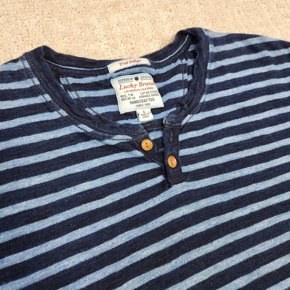 Lucky Brand‎ Shirt Men Large Slub Cotton Henley True Indigo Dyed Blue Striped